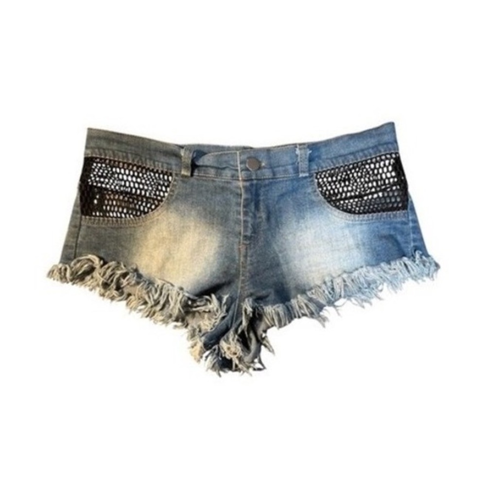 Be Wicked Blue Denim Fishnet Frayed Hem Booty Shorts Medium Wash Size L